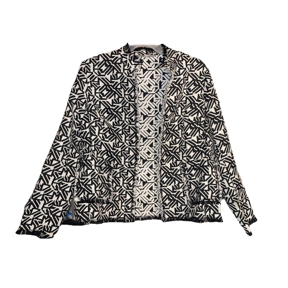 Valerie Stevens Black & White Geometric Pattern Womens Jacket Fringe Trim Sz XL